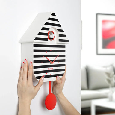 Black/White/Red Pin Stripe Cuckoo Clock - stoneandbeige