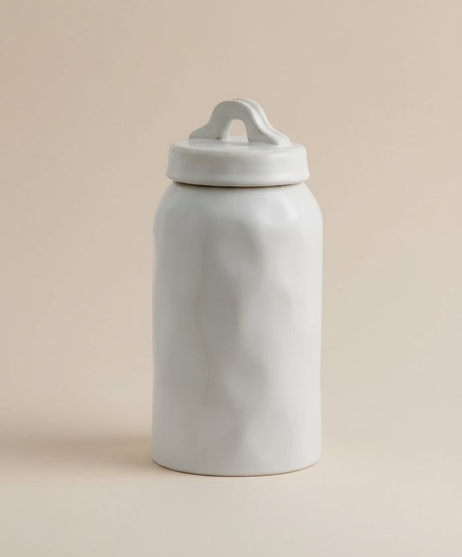 Medium White Glazed Stoneware Storage Jar - stoneandbeige