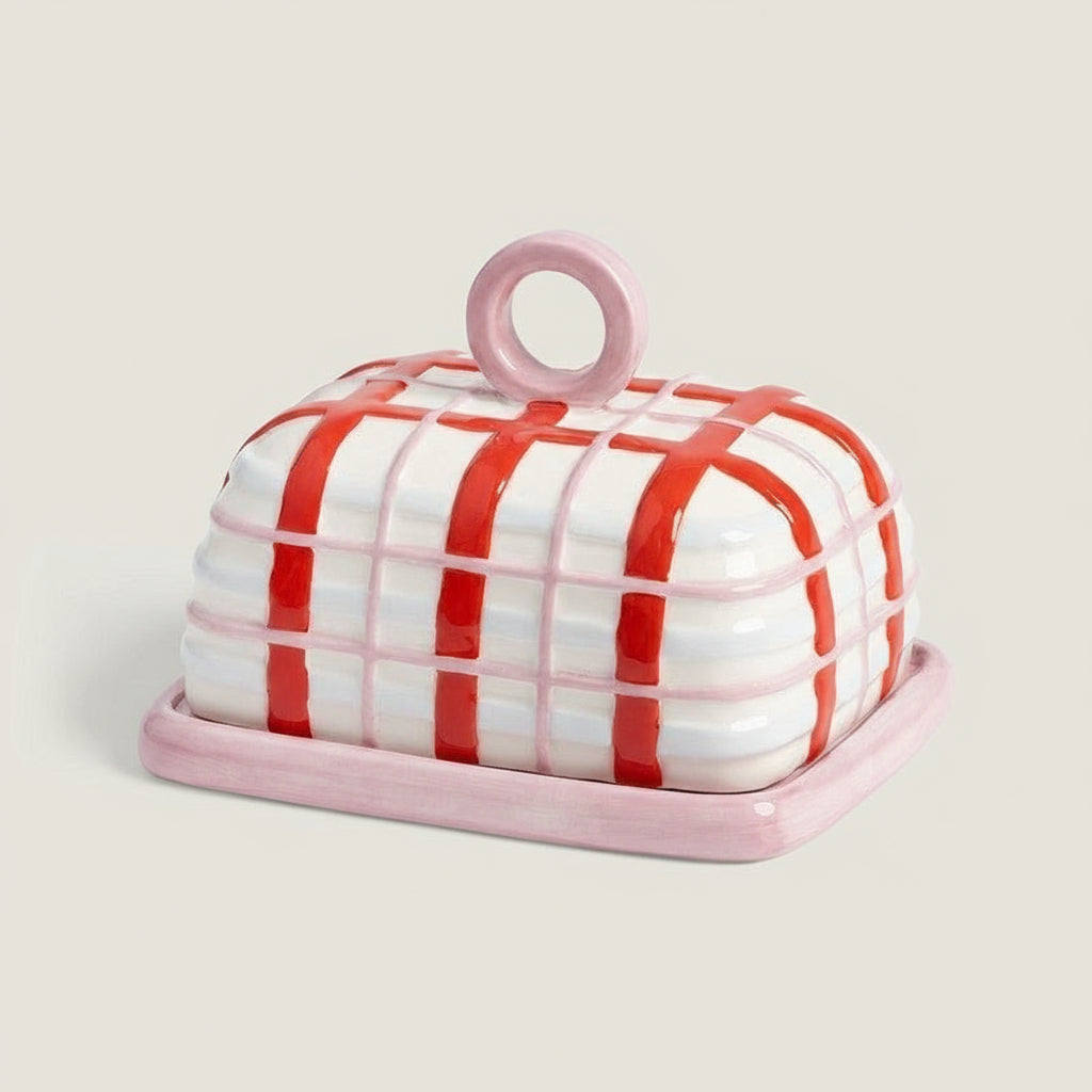 Pink Plaid Butter Dish - stoneandbeige