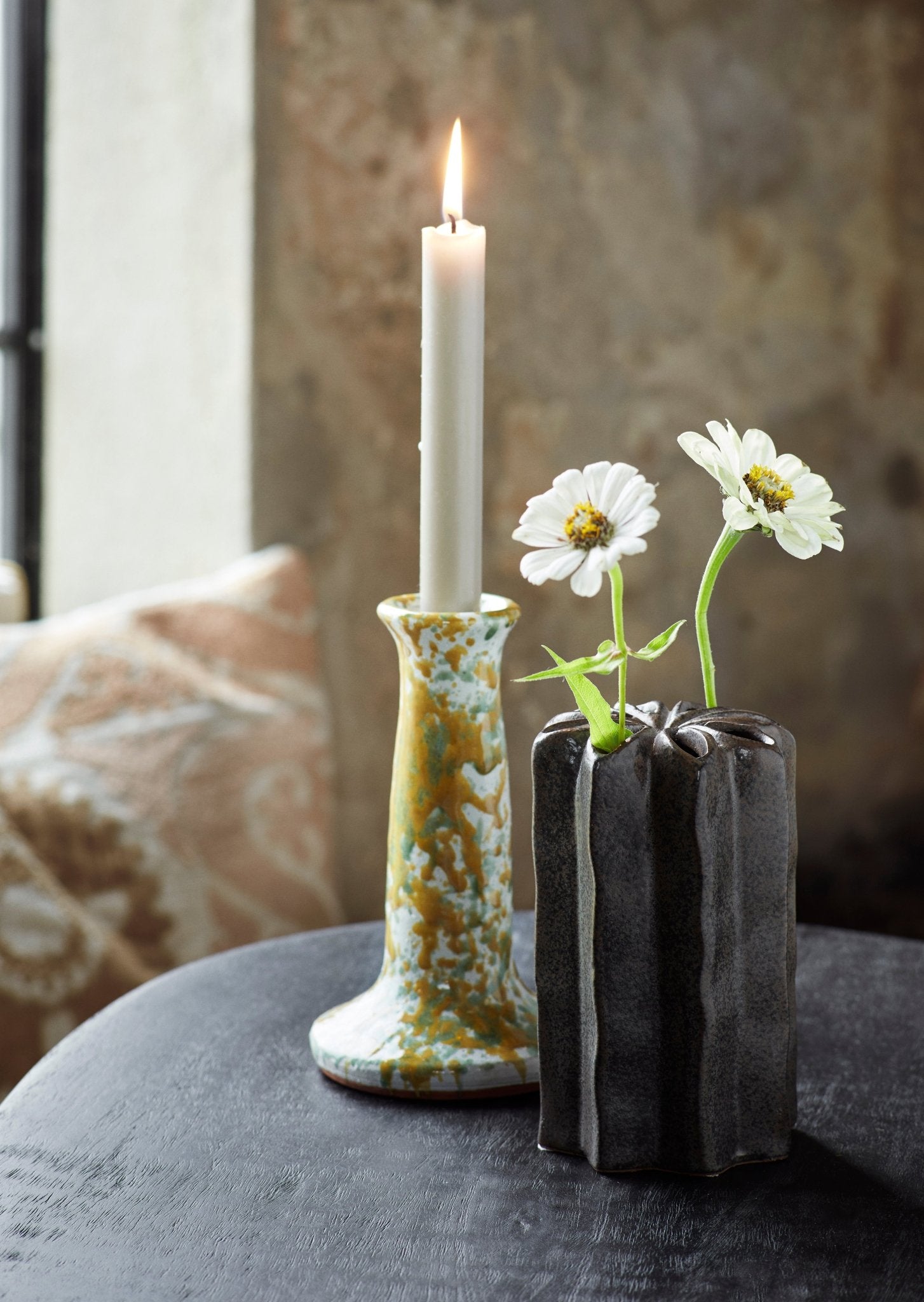 Yellow/Green Splatter Painted Glazed Candle Holder - stoneandbeige