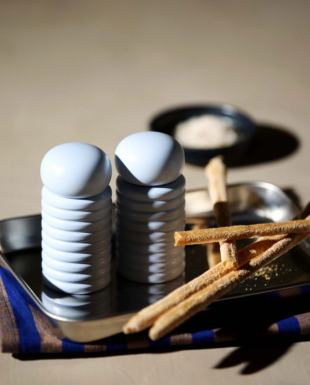 Powder Blue Ribbed Salt & Pepper Mills – Set of 2