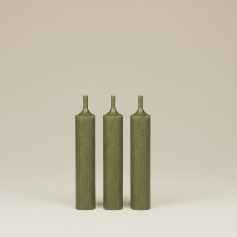 3 Short Matt Olive Green Candles - stoneandbeige