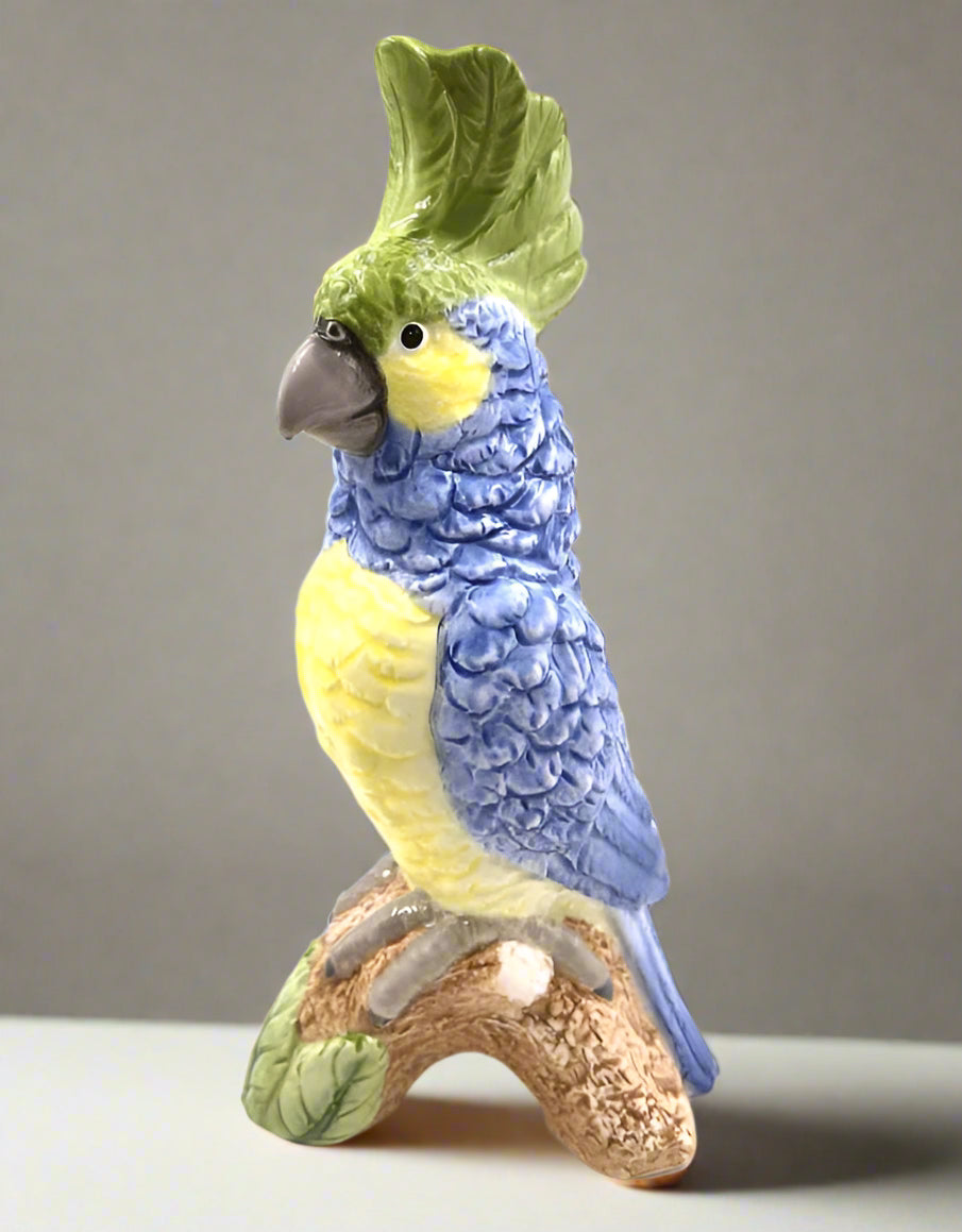 Blue & Yellow Parrot On Perch Ceramic Vase