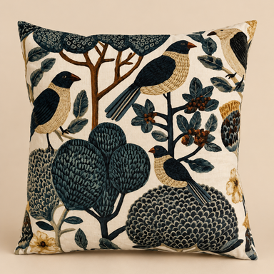 Botanical bird velvet cushion in teal, cream and earthy tones.