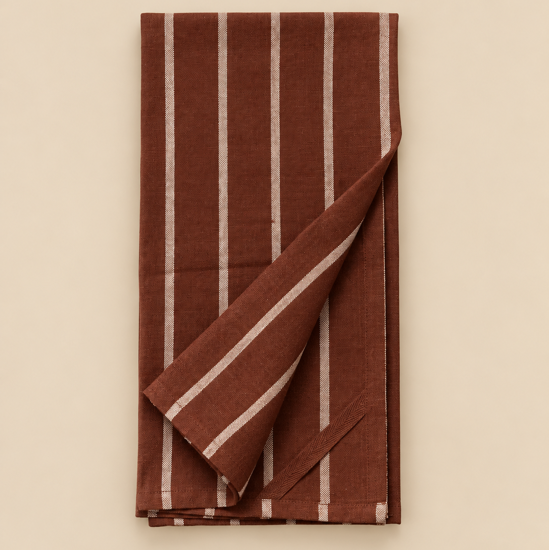 Burgundy and cream striped woven tea towel.