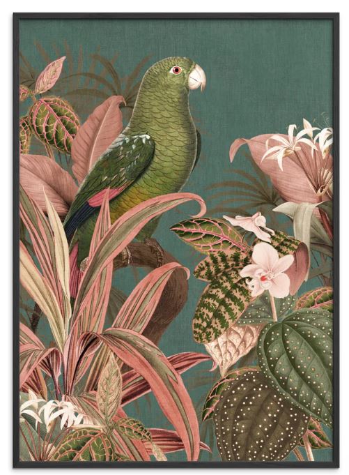 Vintage Green Parrot and pink Jungle foliage Print
