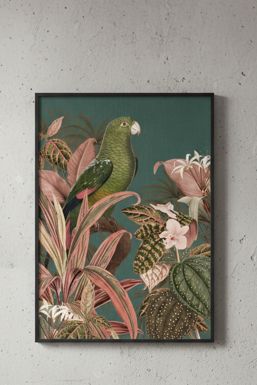 Vintage Green Parrot and pink Jungle foliage Print