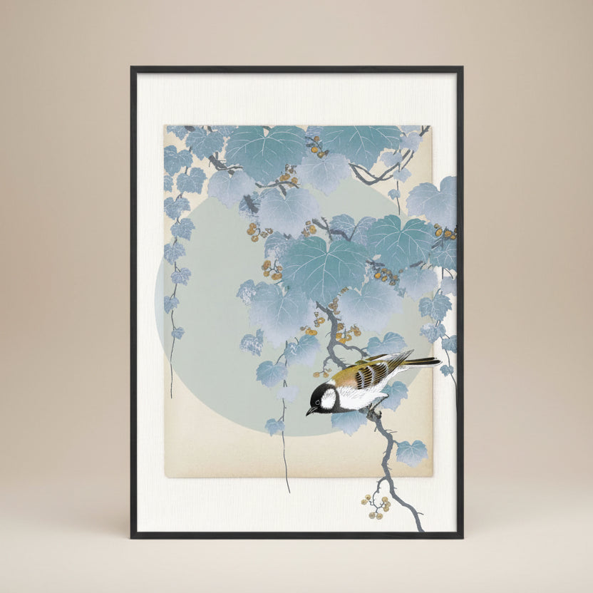 Delicate Bird And Foliage Blue Tone Print