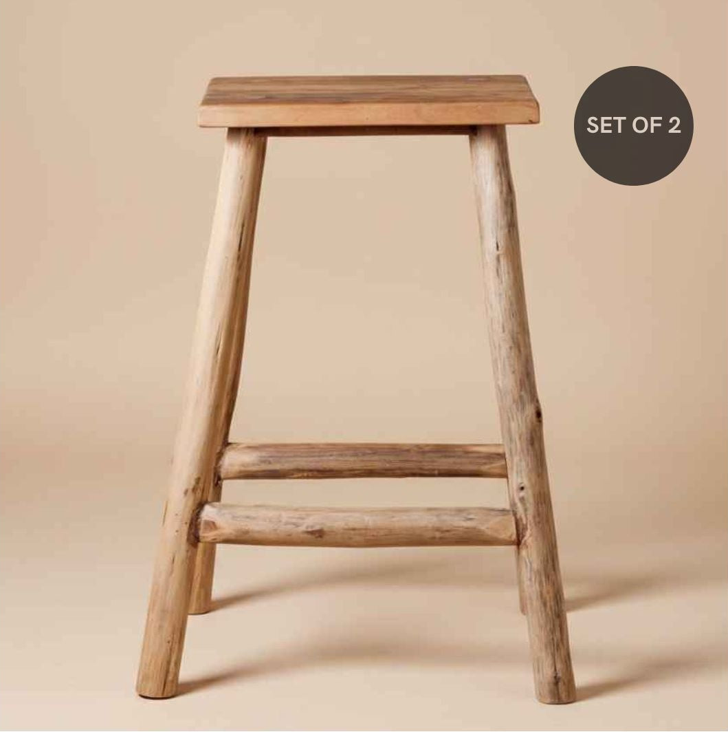 Set Of 2 Reclaimed Wooden Natural Bar Stools