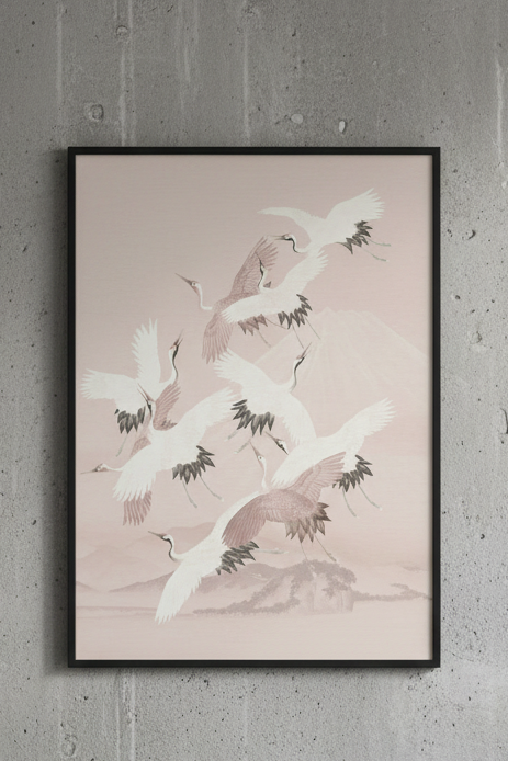 Japanese Crane Birds On Cloudy Pink Mountains