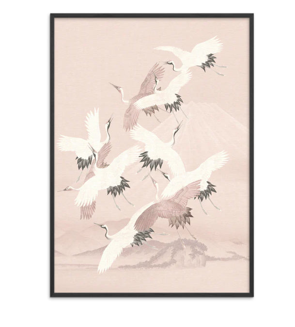 Japanese Crane Birds On Cloudy Pink Mountains