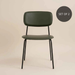 Green modern dining chair with a padded seat, curved backrest and slim metal legs.