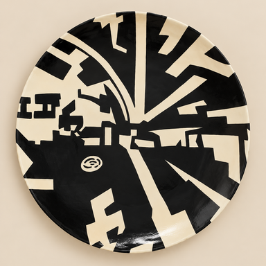 Handmade black and cream abstract ceramic wall art plate.