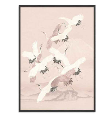 Framed Japanese crane birds art print with soft clouds and pink mountain scenery