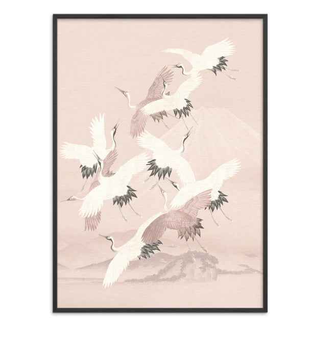 Framed Japanese crane birds art print with soft clouds and pink mountain scenery