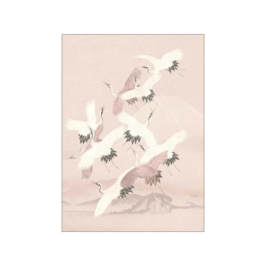 Japanese crane birds and pink mountains art print displayed in a stylish neutral interior.