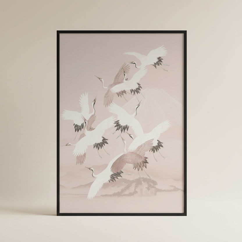 Japanese-inspired art print featuring elegant crane birds flying above cloudy pink mountains in black frame.