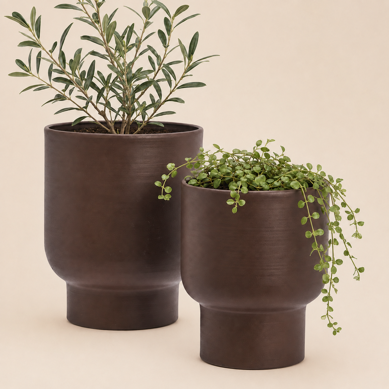Set of two matt ruby wine plant pots styled with green plants against a warm beige background.