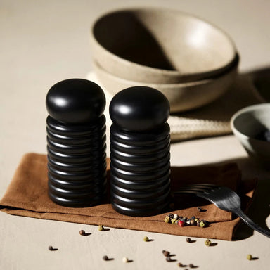 black salt and pepper grinders, salt and pepper grinder set, ceramic grinders, modern kitchen accessories, designer tableware, black kitchen accessories, Stone and Beige