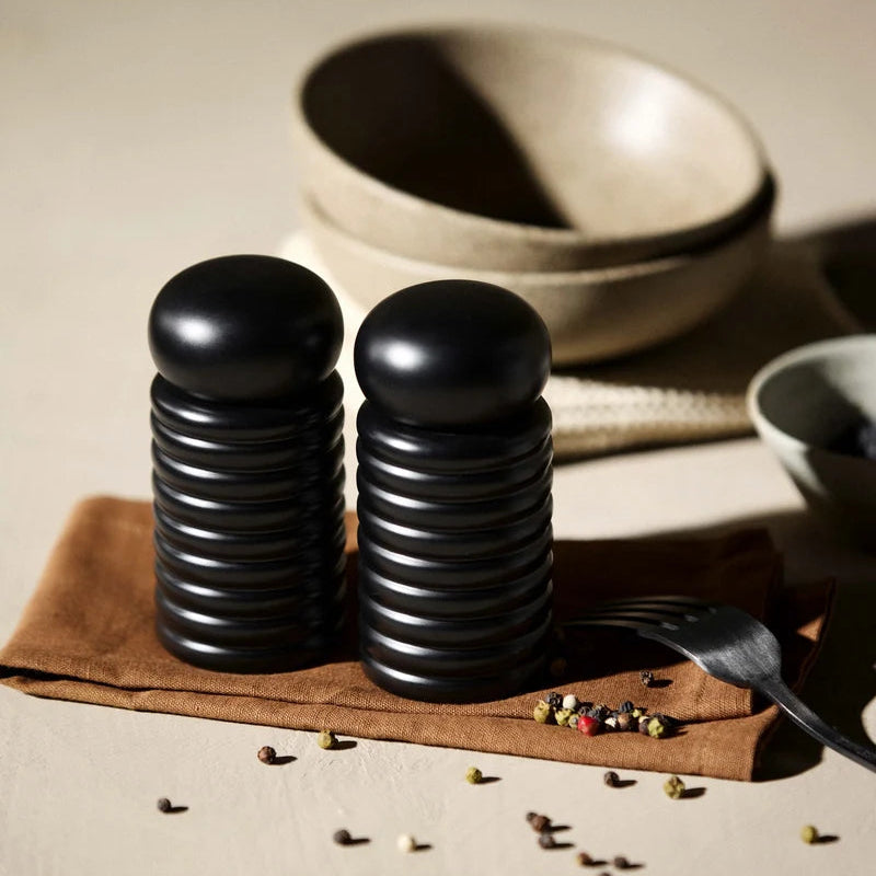 black salt and pepper grinders, salt and pepper grinder set, ceramic grinders, modern kitchen accessories, designer tableware, black kitchen accessories, Stone and Beige