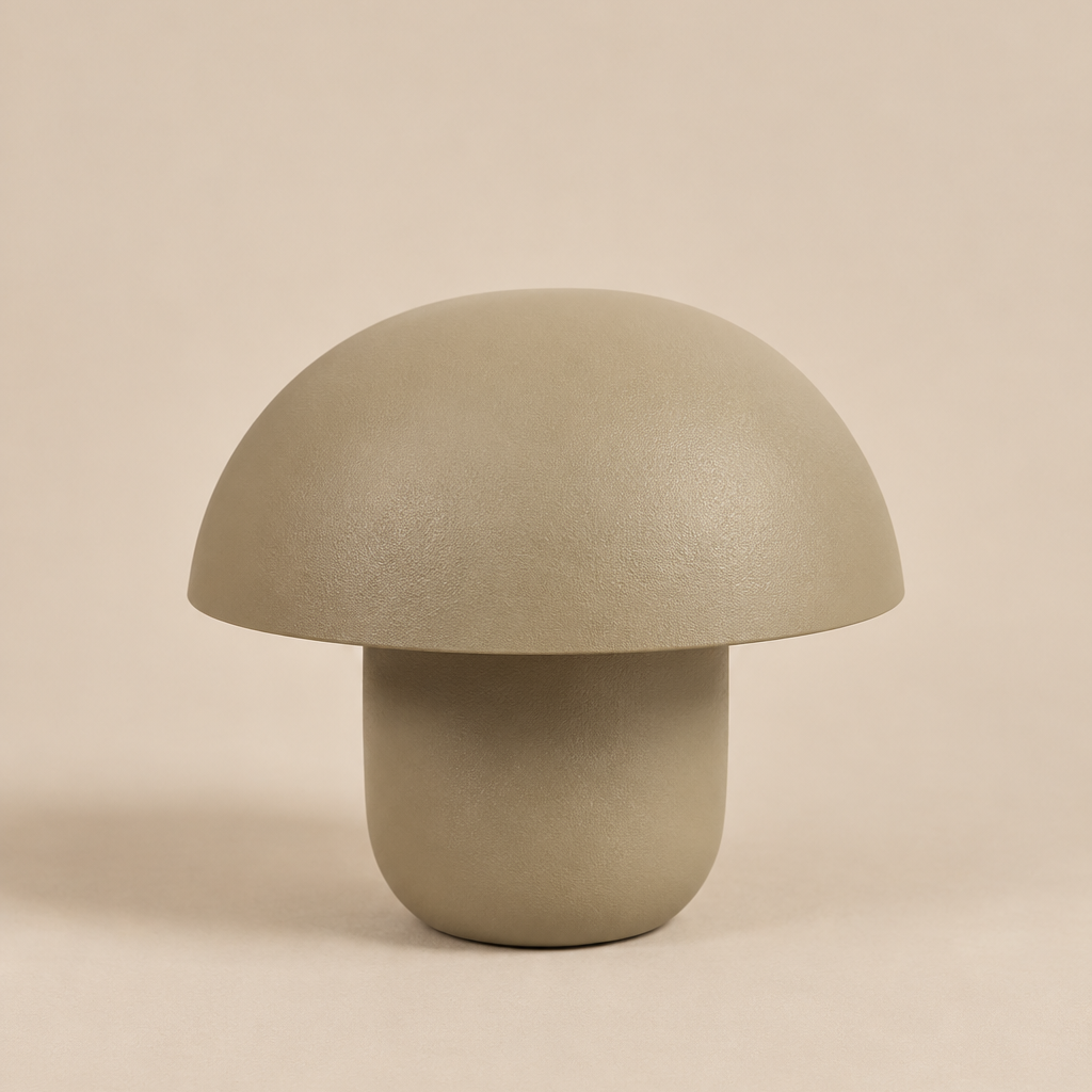 Sculptural mushroom table lamp crafted from metal in a matt taupe finish, featuring an oversized dome-shaped shade and rounded cylindrical base against a warm beige background.