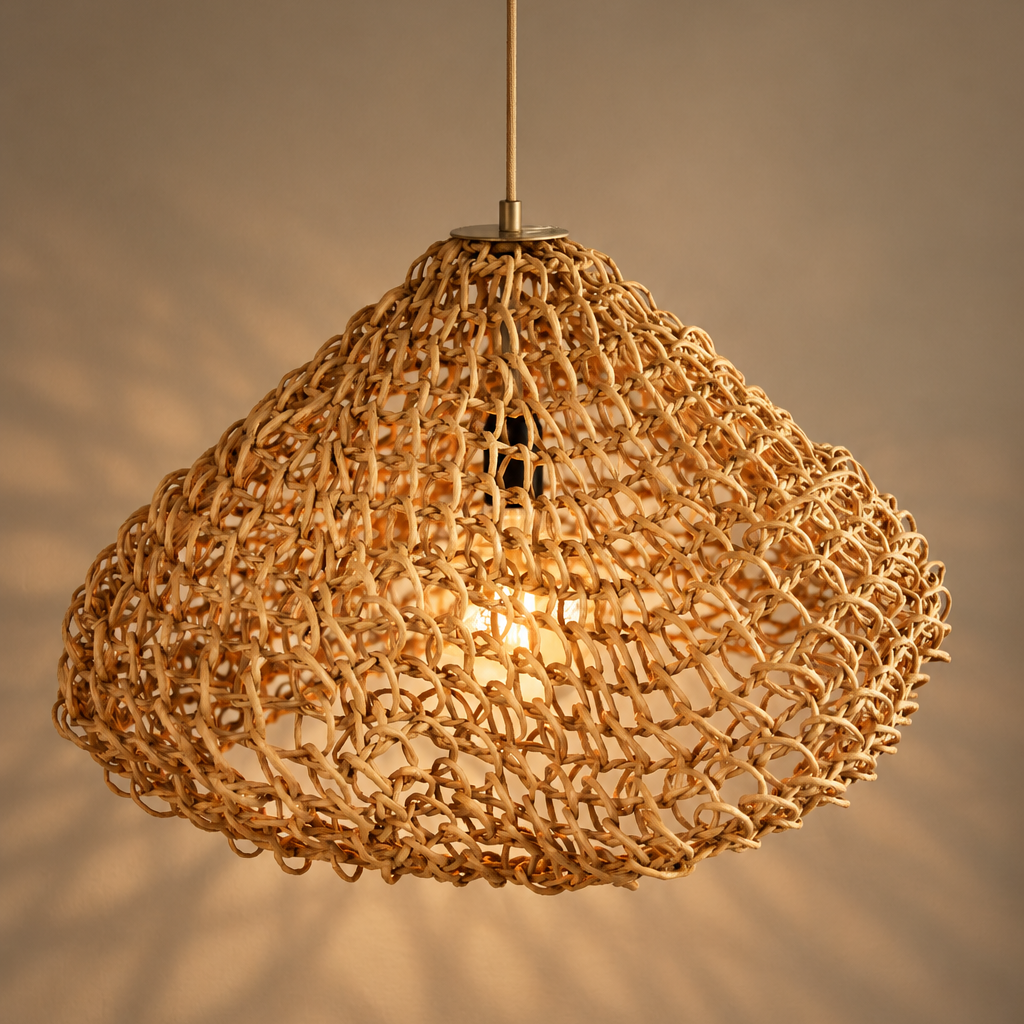 Nest-inspired sculptural pendant light crafted from intricately woven natural paper and metal, featuring an organic rounded silhouette and warm glowing bulb against a dark beige background.
