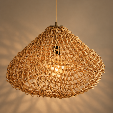Nest-inspired sculptural pendant light crafted from intricately woven natural paper and metal, featuring an organic rounded silhouette and warm glowing bulb against a dark beige background.