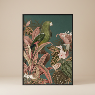 ramed vintage green parrot print with decorative pink leaves and tropical foliage.