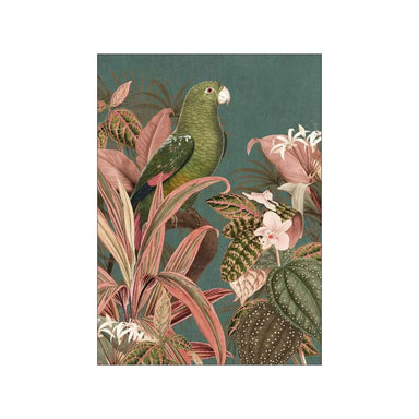 Vintage-inspired art print featuring a green parrot surrounded by pink tropical jungle foliage.