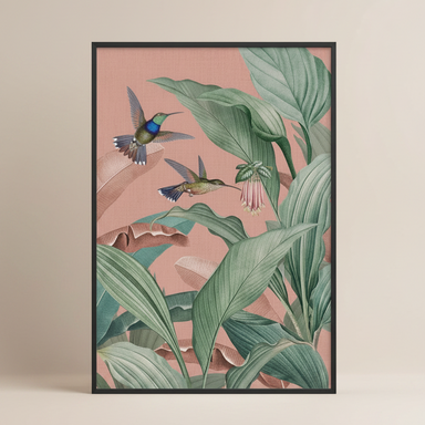 Framed vintage-style print featuring detailed tropical birds and decorative foliage.