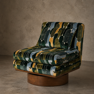 Retro-inspired swivel lounge chair featuring green, mustard and blue geometric velvet upholstery, layered cushions and a circular wooden base.
