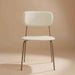 beige modern dining chair with a padded seat, curved backrest and slim metal legs.