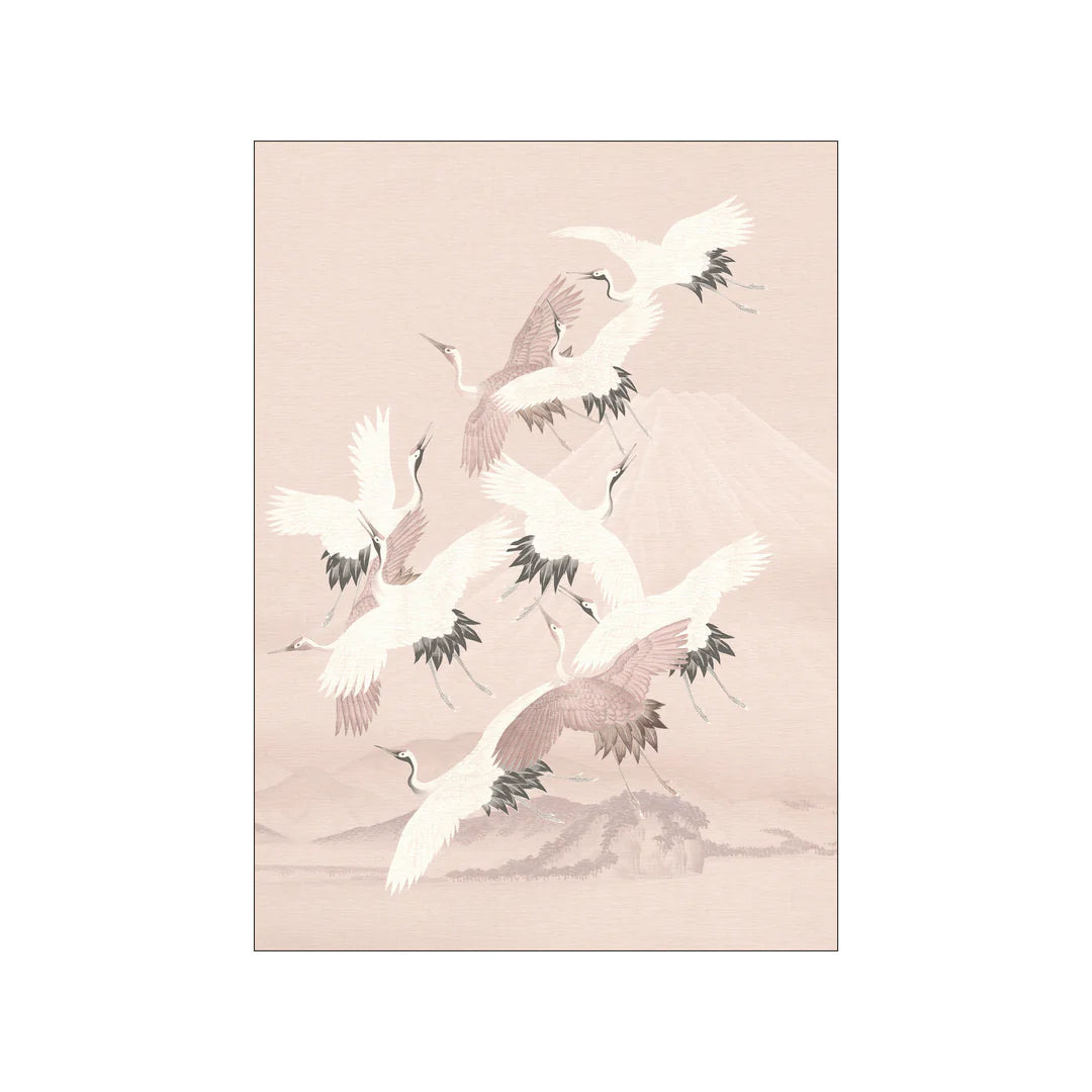 Japanese Crane Birds On Cloudy Pink Mountains