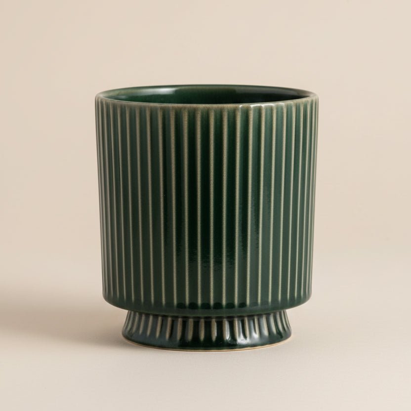 Dark Green Ribbed Ceramic Plant Pot - stoneandbeige