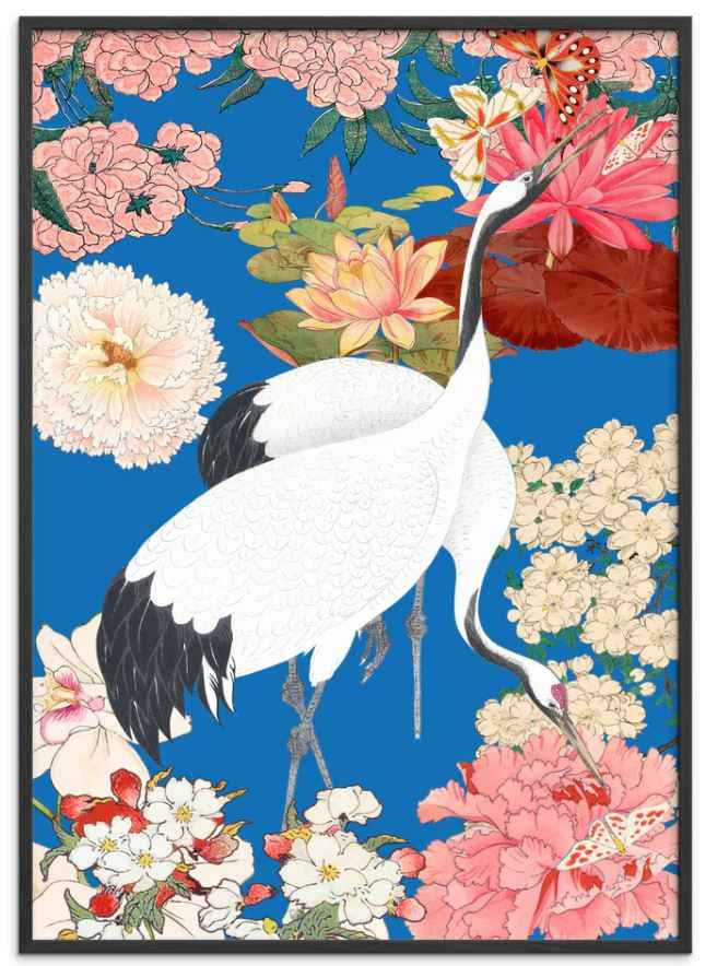 Close-up of the Japanese Cranes Floral Art Print showing detailed crane and floral artwork.