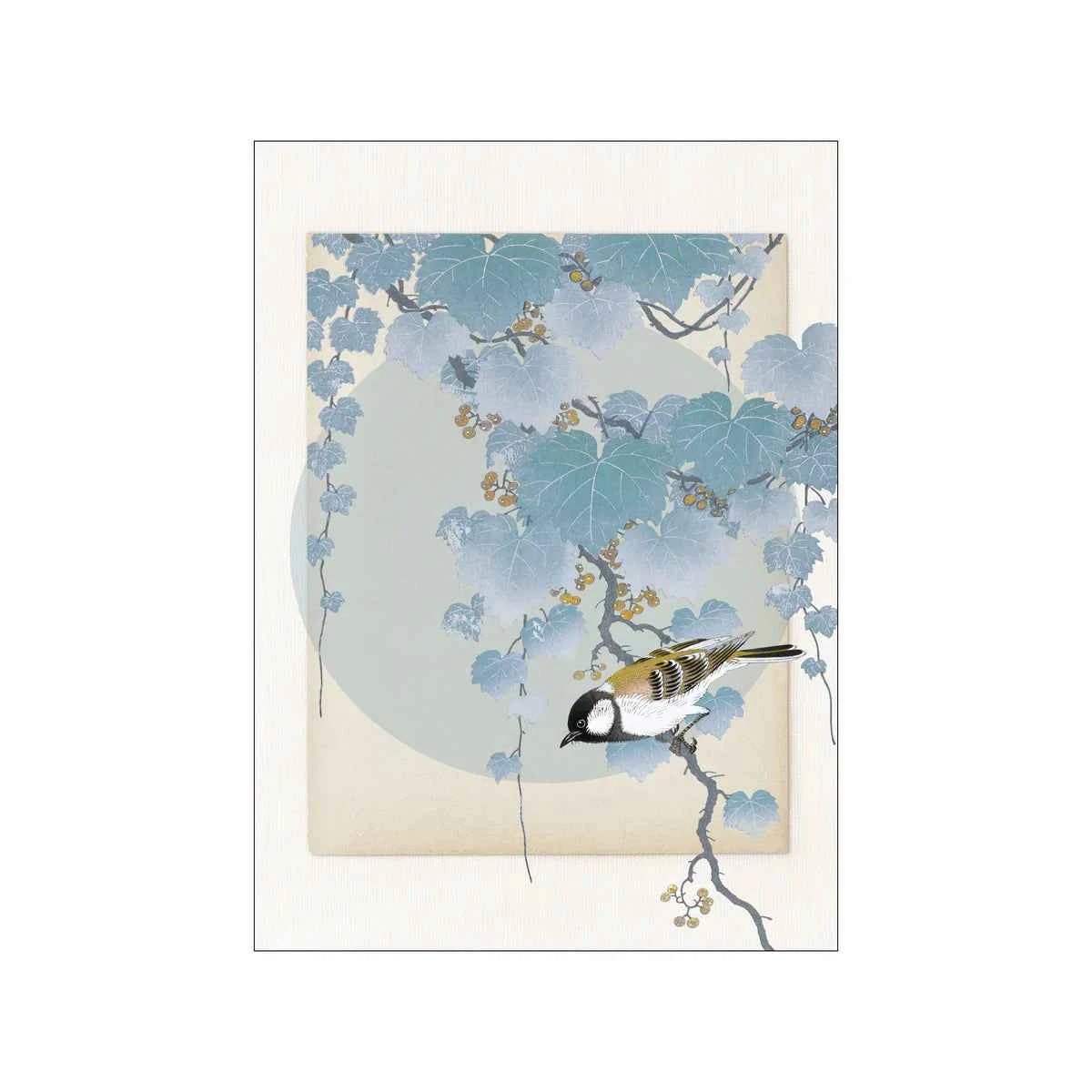 Close-up of the intricate bird and botanical illustrations in the Delicate Bird and Foliage Blue Tone Print.