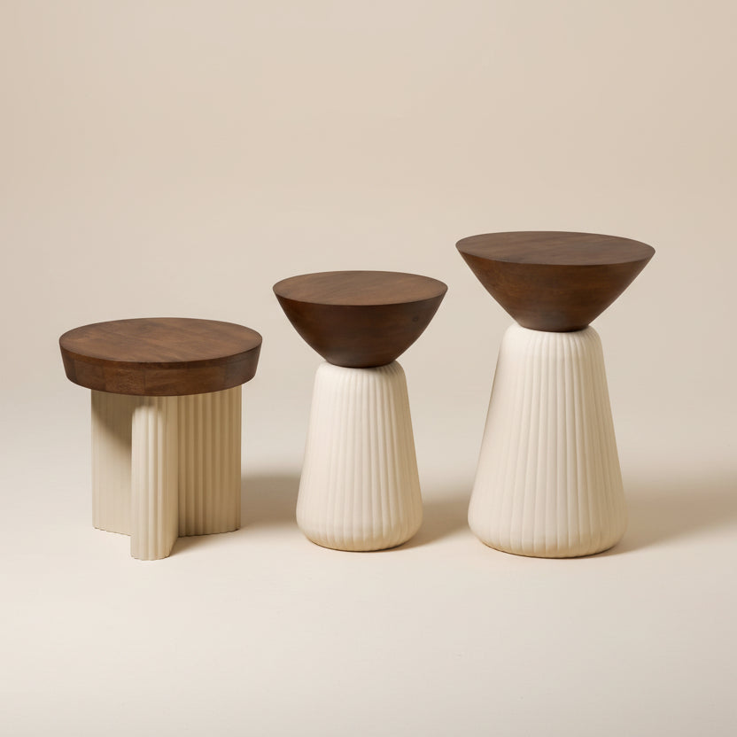 3 charming Dark Wood and Beige Side Tables