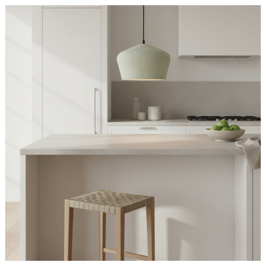 Eco-friendly olive cotton maché lamp shade styled in a contemporary living space with warm ambient lighting.