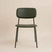 close up of green PU leather dining chair with a cushioned seat, curved backrest and black metal legs.