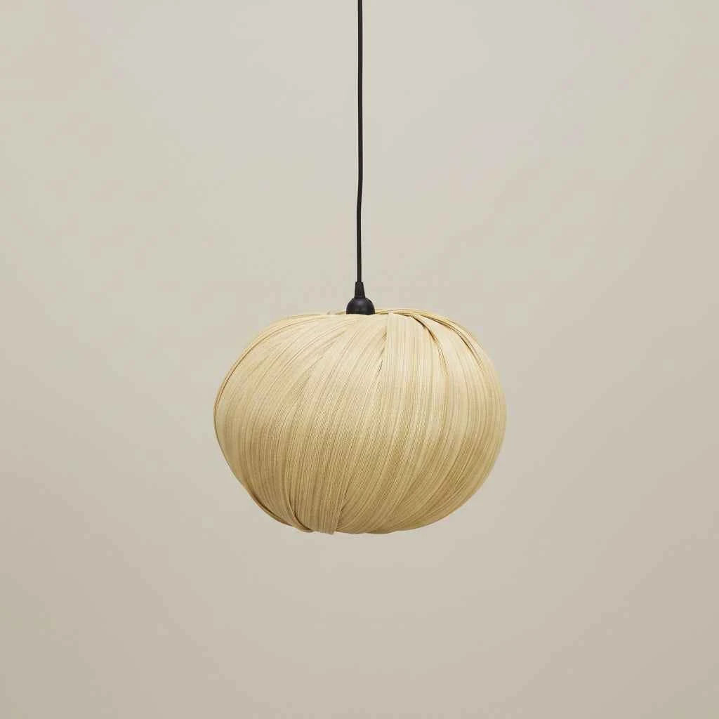 Handcrafted beige bamboo ceiling light with a woven shade and natural contemporary design.