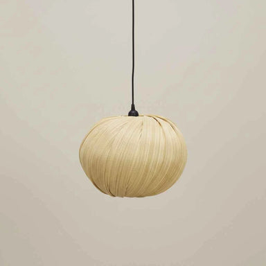 Handcrafted beige bamboo ceiling light with a woven shade and natural contemporary design.