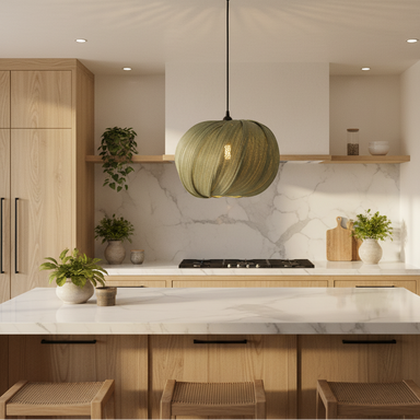 Handcrafted green bamboo ceiling light styled in a contemporary dining room creating a warm and inviting atmosphere.