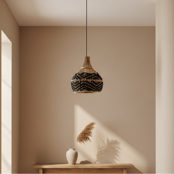 Handcrafted rattan and cotton rope light shade styled in a contemporary dining or living space with warm ambient lighting.