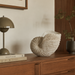 Handcrafted sculptural shell vase styled on a console table in a contemporary home interior.