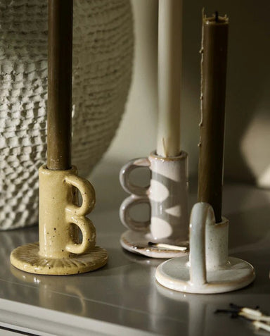 Handle Mustard Ceramic Dinner Candle Holder - stoneandbeige