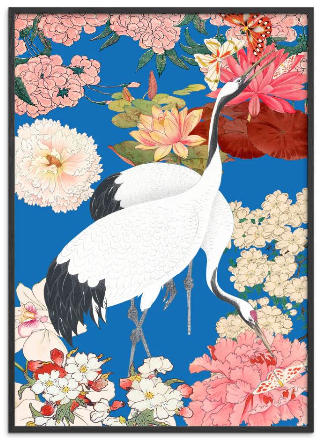 Japanese Cranes Floral Art Print