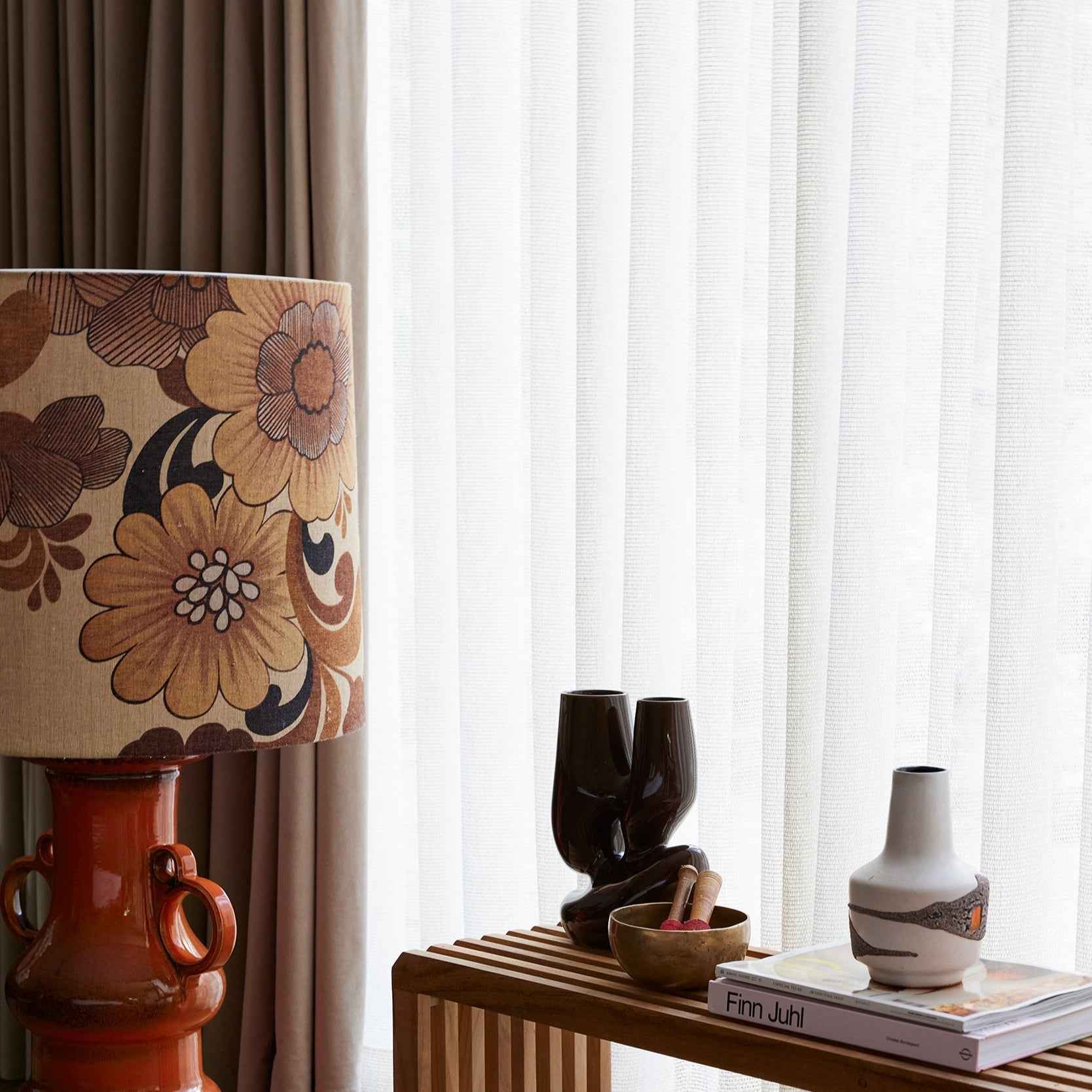 HK LIGHTING vintage brown floral lamp shade styled in a contemporary living room with warm ambient lighting.