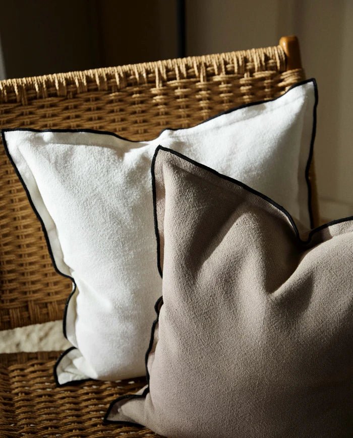 Ivory Cotton & Linen Black Piping Cushion - stoneandbeige