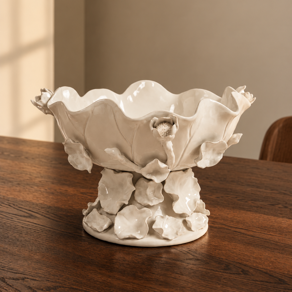 Sculptural ivory ceramic centrepiece bowl with scalloped edges and three-dimensional floral detailing, displayed on a dark oak dining table.