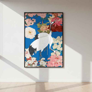 Japanese Cranes Floral Art Print featuring elegant crane illustrations with botanical details in a timeless, nature-inspired design.